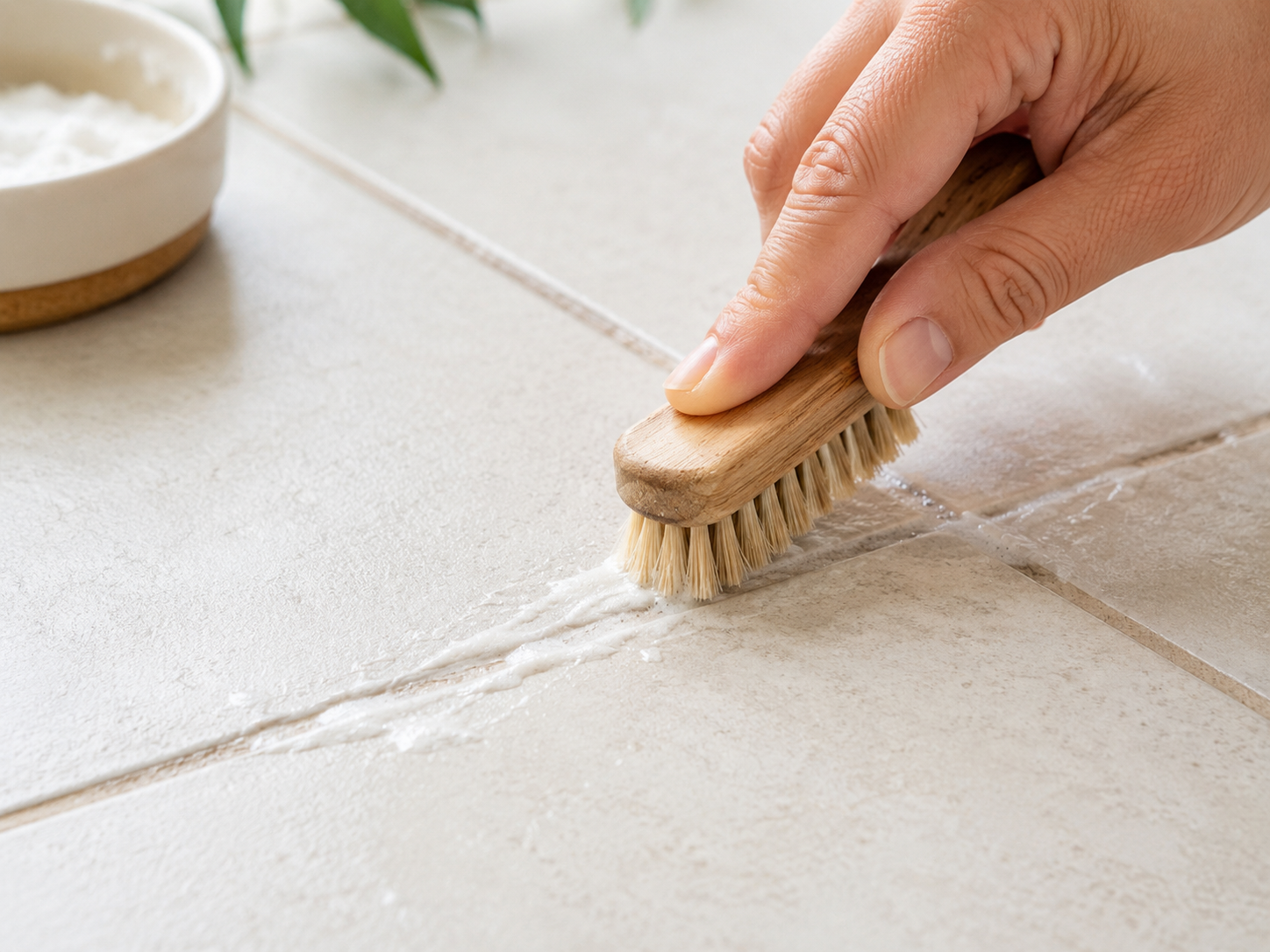 Cleaning tile grout naturally with baking soda paste and a soft brush.