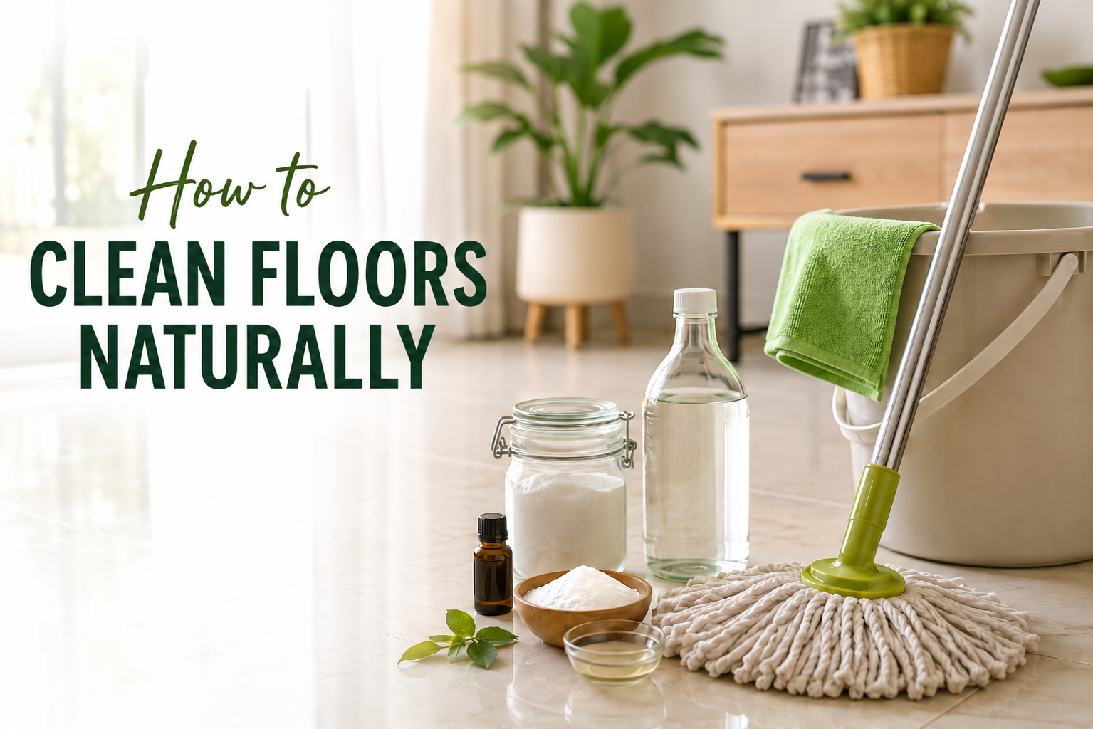 Natural floor cleaning ingredients for Indian homes including mop, pocha, baking soda, vinegar, and mild soap