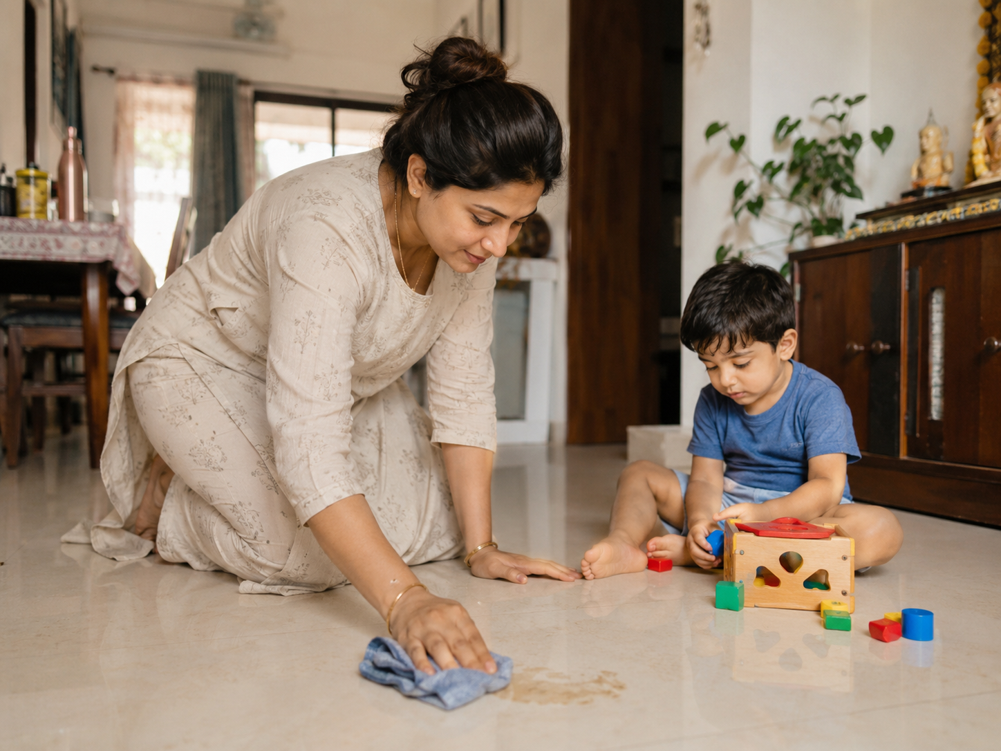 Working mom cleaning a sticky floor spot naturally while her child plays at home.