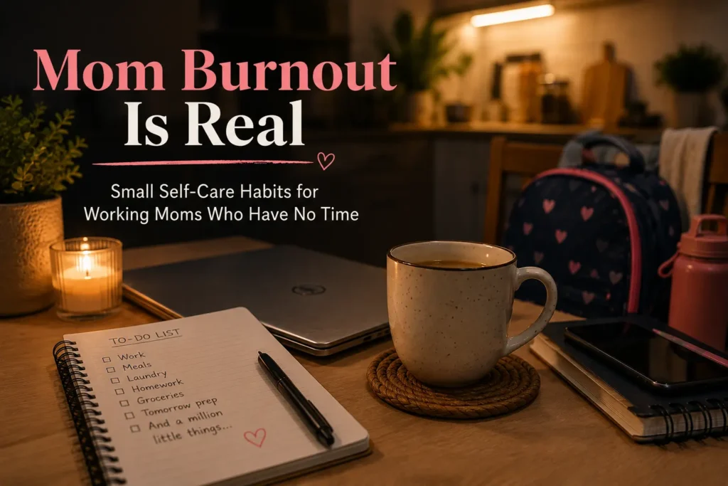 Working mom evening setup with laptop, to-do list, coffee mug, and child’s school bag showing the reality of mom burnout and self-care.