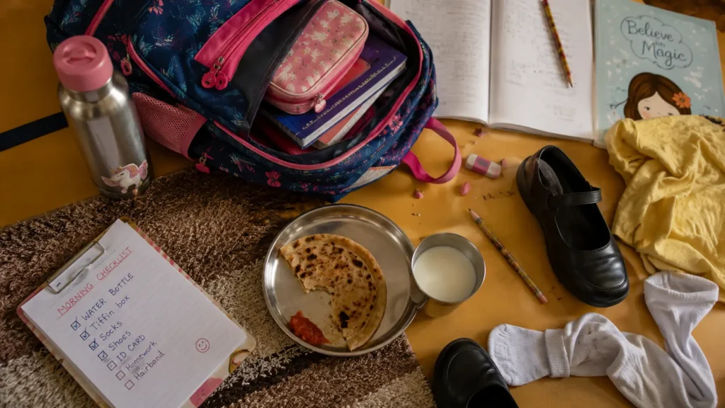A slightly chaotic morning scene — school bag open on floor, shoes nearby, a half-eaten paratha on the plate, a steel glass of milk.