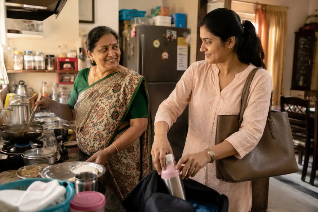 Two women — one older (saas) and one younger (bahu/daughter-in-law) — in a kitchen together.