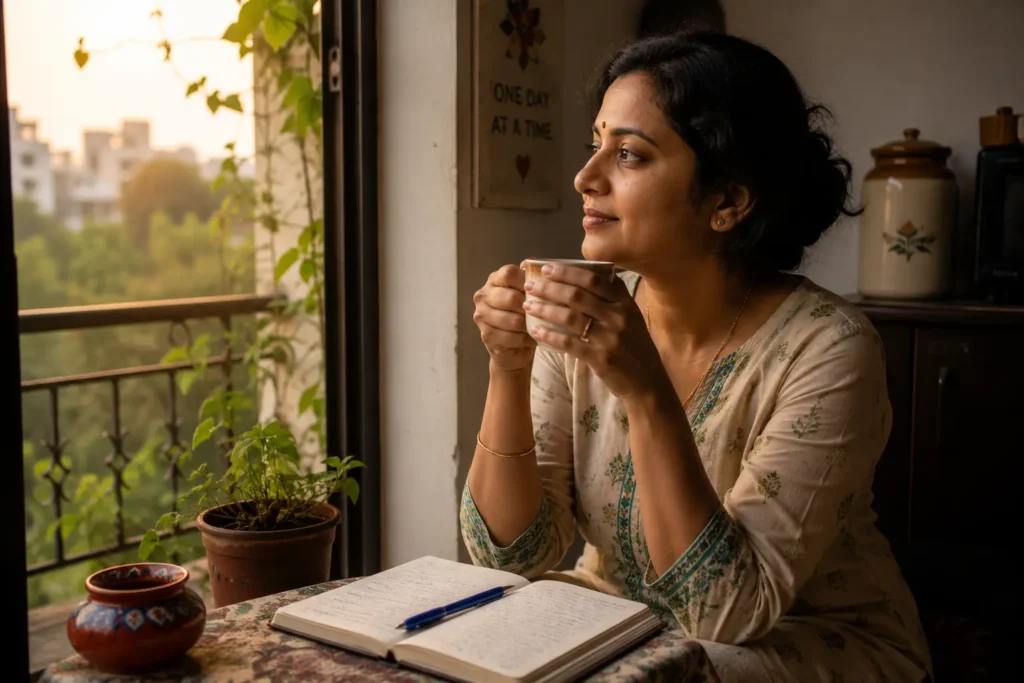 Indian woman sitting alone with a cup of chai, early morning, still in the house but before the day begins.
