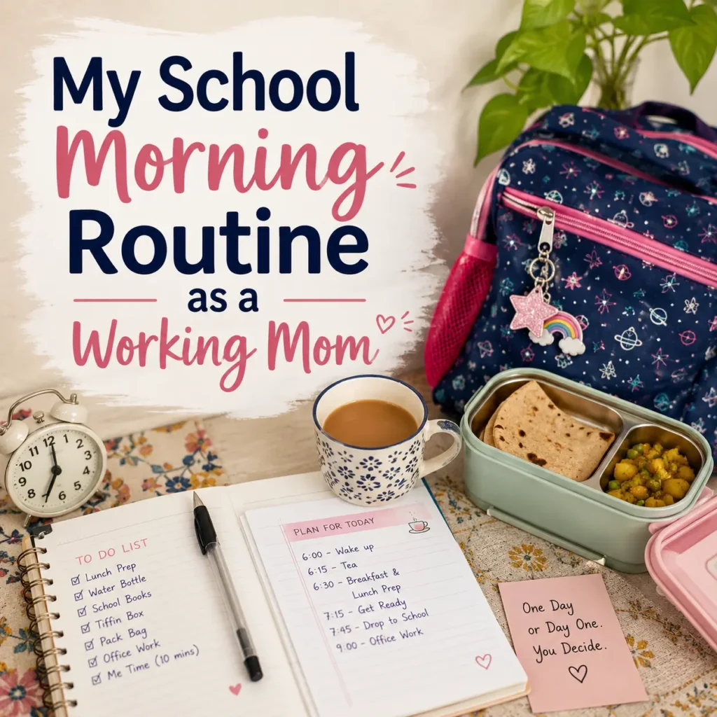 School morning routine for working mom in India with tea, school bag and tiffin