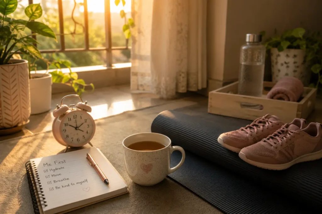 Early morning tea and workout routine for working mom