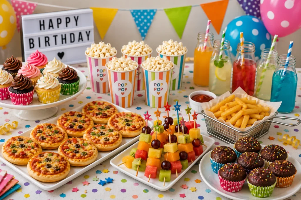 Colorful birthday party snack spread