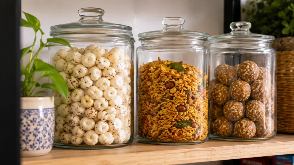 Clear jars of makhana, chivda, laddoos on shelf