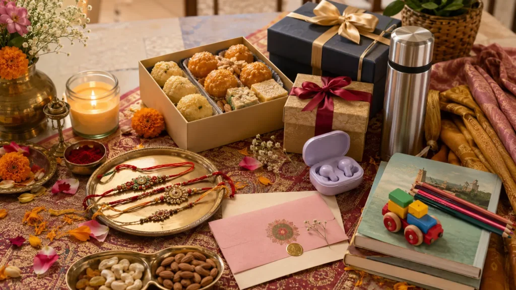 Rakhi gift ideas for sisters, brothers and kids with rakhis, sweets, earbuds, toys and gift boxes