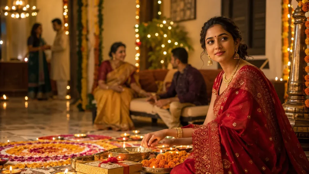 Newly married Indian woman celebrating her first Diwali after marriage with her joint family.