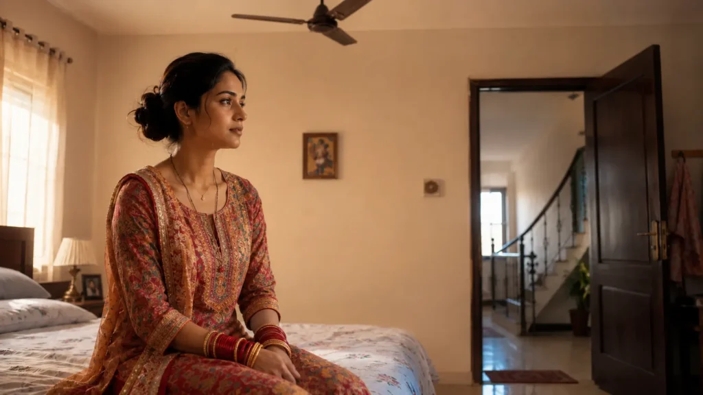 Newly married Indian woman reflecting on the pressure to be the perfect bahu