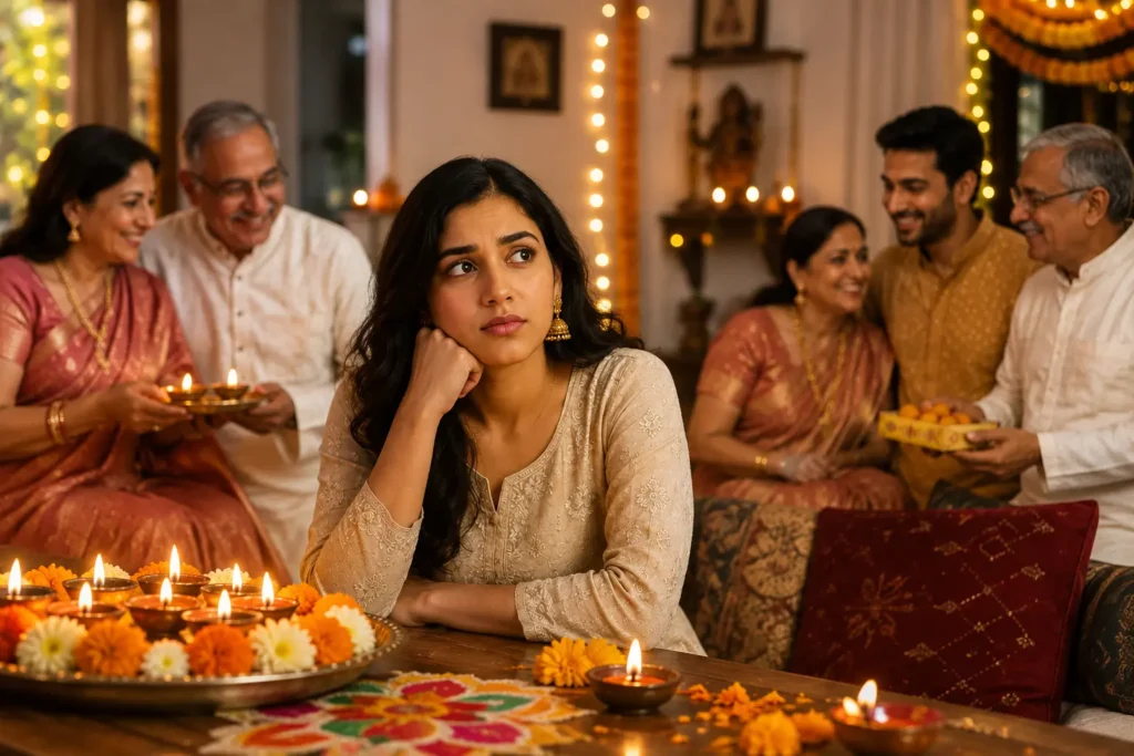 Newly married Indian couple deciding where to spend their first Diwali after marriage