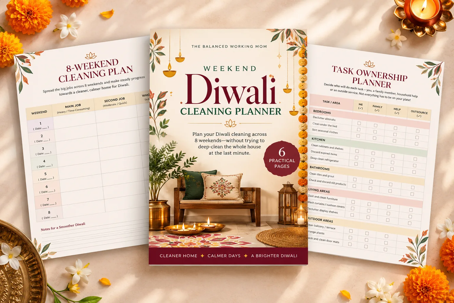Free Weekend Diwali Cleaning Planner showing an 8-weekend cleaning schedule and task ownership pages